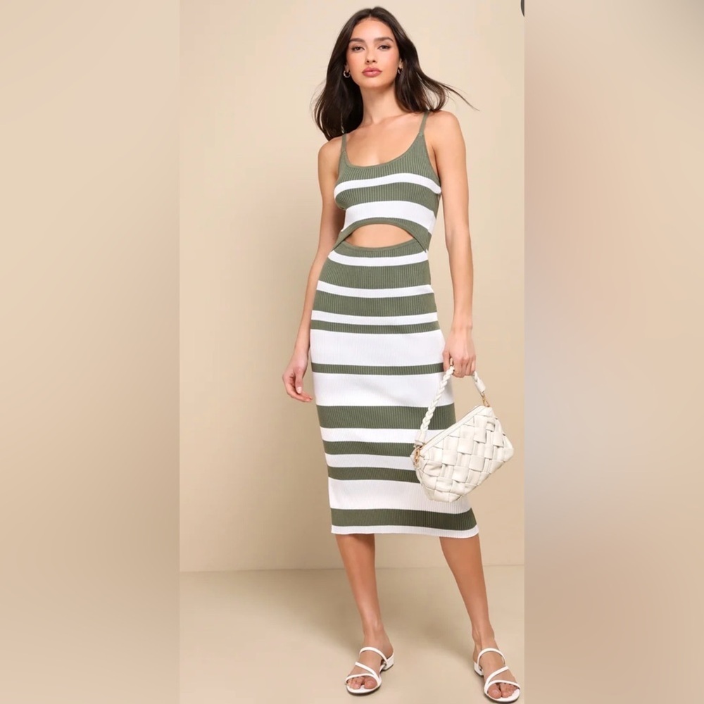 NWOT Lulu's Olive & White Striped Cutout Tank Midi Dress